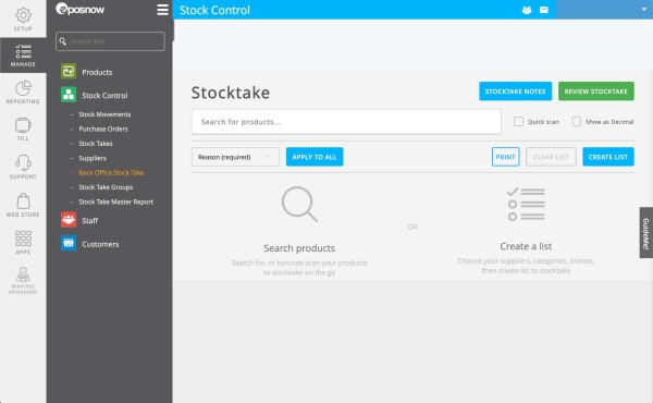Epos Now Back office stocktake add product screen